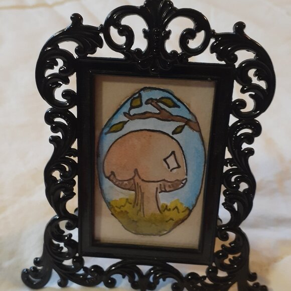 Tiny Mushroom Watercolour and Ink Painting in Antique-Style Frame - Picture 1 of 3